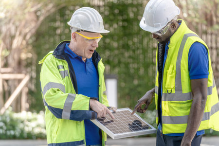 factory worker technician engineer men checking solar cell panel for sustainable technology with green working suite dress and safety helmet. Background of green wall tree nature.の写真素材