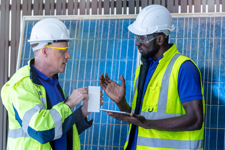 team factory worker technician engineer men showing and checking model building and solar cell panel for sustainable technology. Concept install construction photovoltaic panel renewable energy.の写真素材
