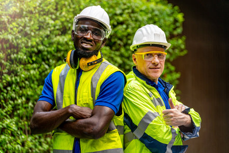 team factory worker technician engineer men standing confidence with green working suite dress and safety helmet. Background of green trees wall.の写真素材