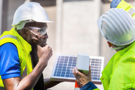 factory worker technician engineer men showing and checking solar cell panel for sustainable technology with working suit and helmet. Concept install construction photovoltaic panel renewable energy.の写真素材