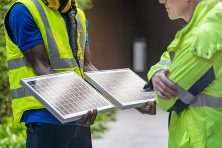 factory worker technician engineer men showing and checking solar cell panel for sustainable technology. Concept install construction photovoltaic panel renewable energy.の写真素材