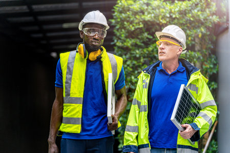 team factory worker technician engineer men in green working suit dress and safety helmet talking and holding solar panel. Background of green trees wall.の写真素材