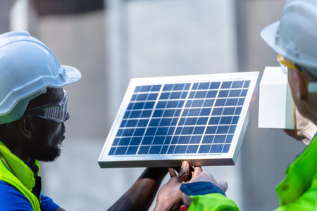 factory worker technician engineer men showing and checking solar cell panel for sustainable...
