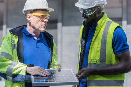 factory worker technician engineer men showing and checking solar cell panel for sustainable technology with working suit and helmet. Concept install construction photovoltaic panel renewable energy.の写真素材