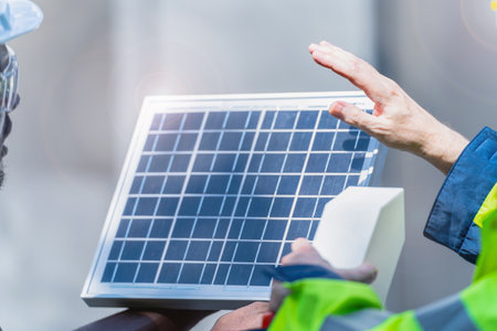 factory worker technician engineer men showing and checking solar cell panel for sustainable technology with working suit and helmet. Concept install construction photovoltaic panel renewable energy.の写真素材