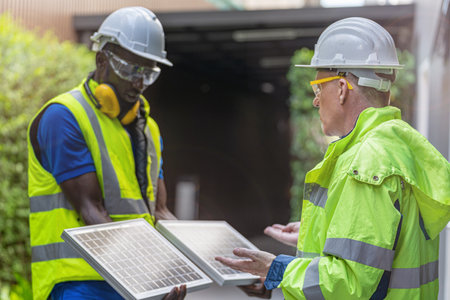 factory worker technician engineer men showing and checking solar cell panel for sustainable technology. Concept install construction photovoltaic panel renewable energy.の写真素材