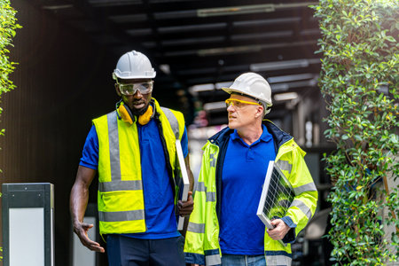 team factory worker technician engineer men in green working suit dress and safety helmet talking and holding solar panel. Background of green trees wall.の写真素材