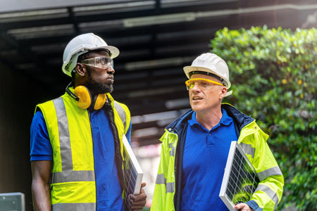 team factory worker technician engineer men in green working suit dress and safety helmet talking and holding solar panel. Background of green trees wall.の写真素材