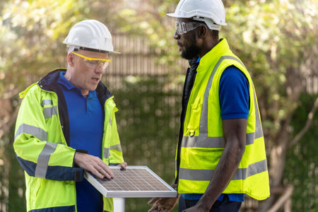 factory worker technician engineer men checking solar cell panel for sustainable technology with green working suite dress and safety helmet. Background of green wall tree nature.の写真素材