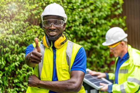 factory worker technician engineer man standing confidence with green working suite dress and safety...