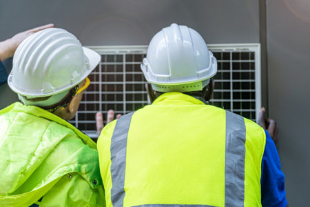 factory worker technician engineer men showing and checking solar cell panel for sustainable technology with working suit and helmet. Concept install construction photovoltaic panel renewable energy.の写真素材