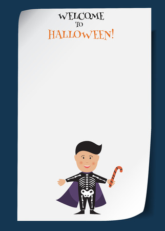 Vector Halloween poster with dracula boy. Creative cartoon illustration of kid in festive costume and cloak. Free place for your design. Funny template for banner, advertisement, flyer, invitationのイラスト素材