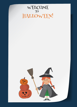 Vector Halloween party illustration. Witch girl in festive costume in hat and with broom. Traditional orange spooky pumpkins. Funny cartoon kid. Template for card, invitation, poster, bannerのイラスト素材