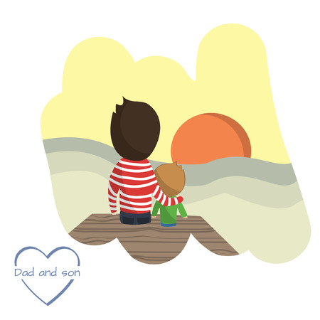 Vector illustration of Dad and son relationships. Father hugs son. Happy childhood concept.People relax near the sea and look sunset. Faher and kid spend time together. Creative idea. Template for father's dayのイラスト素材