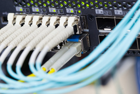 Optic fiber and SFP connected to switch.