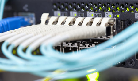 Optic fiber and SFP connected to switch.
