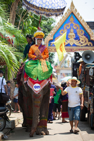 SUKHOTHAI - APRIL 7   Songkran Festival and Had Siew Elephant Ordains at Si Satchanalai from April 7 to 8, Riding on elephant and Thai Puan elephant ordination on April 7, 2014 in Sukhothai,Thailand のeditorial素材