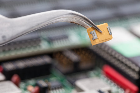 Pick yellow capacitor with pliers.
