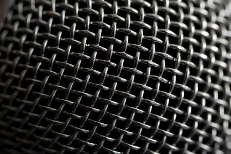 Steel grille background. Close-up shot of microphone.の写真素材