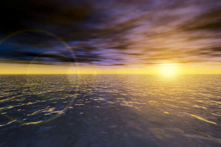 3D seascape. Magic ocean sunset. Image with direct sun and lens flare.の写真素材
