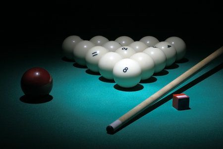 Billiard. Balls pyramid fith number 8 ball on a foreground.