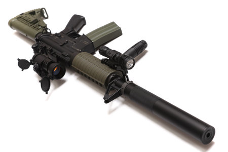 Modern weapon. US Spec Ops M4A1 custom rifle with red dot sight, silencer and tactical flashlight....