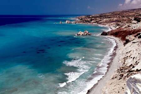 Sea shore. Petra Tou Romiou (near Paphos), view of the birthplace of Aphrodite. Cyprus.の写真素材