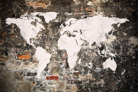 World map on a brick wallの写真素材