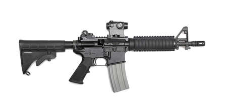 AR-15 10,5" (M4A1 CQBR, Mk18 Mod.0) tactical carbine with the micro collimator (red dot) sight. Isolated on a white. Weapon series.のeditorial素材