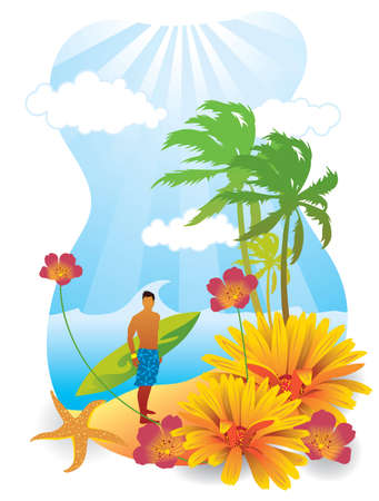 Vector illustration of a summer scene with a young man carrying a surfboard.のイラスト素材