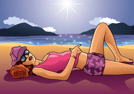 Girl lying on the beach - Vector EPS8. You can use any vector compatible software to open/modify/use the file. The different graphics are on separate layers so they can be easily edited individually. Scalable to any size without loss of quality.のイラスト素材