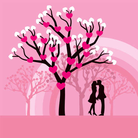 Lovely vector illustration of lovers kissing under a love tree.のイラスト素材