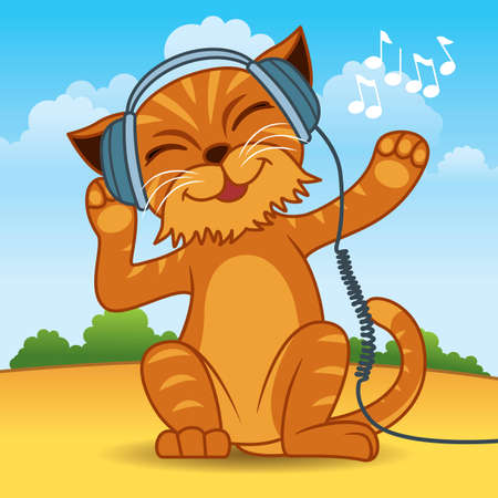 illustration of an orange fur cat wearing headphones and enjoying the music - More animals in my portfolio.