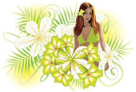 Vector illustration of a beautiful young girl in bikini and surrounded by flowers.のイラスト素材