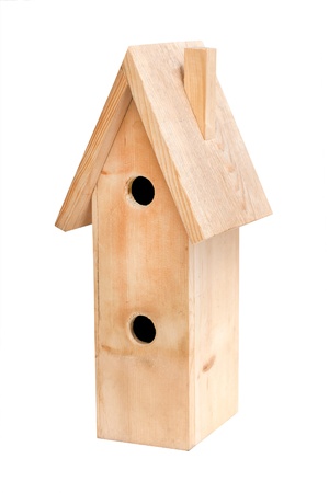Two-storey wooden birdhouse isolated on white backgroundの写真素材