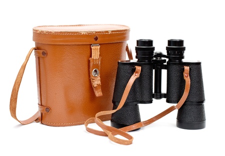 Black binoculars with orange coverの写真素材