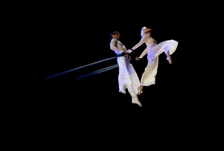 BELARUS, MINSK - JANUARY 12  Kniga Oleg and Kotova Julia doing graceful aerial trick  Circus in Minsk, Belarus on January 12, 2013のeditorial素材