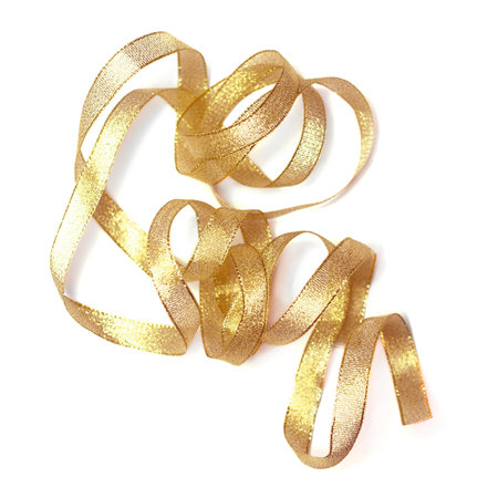 Beautiful gold ribbon curl on white backgroundの写真素材