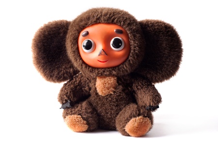 Russian toy Cheburashka isolated on white backgroundの写真素材
