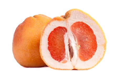Red grapefruit, half and whole fruit, white background, clipping path included の写真素材