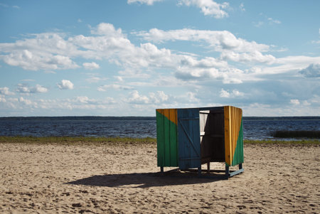 wooden cubicle changing rooms on beachの写真素材