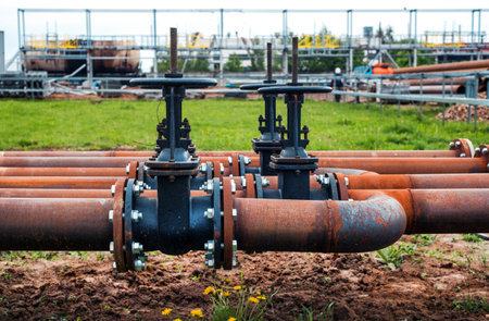 steel pipes with valves on industrial enterprise