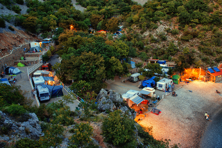 Night view from the mountain to a cozy camping in Croatiaの写真素材