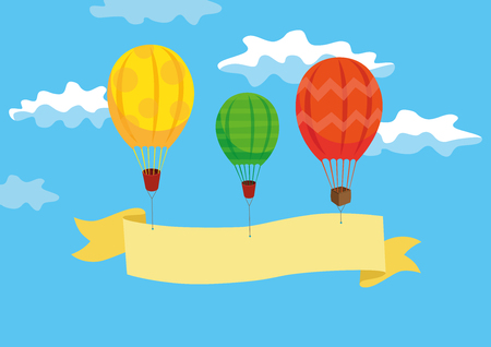 Three Hot air balloons with ribbon in the sky with clouds. Travel time. Flat cartoon design. Vector illustrationのイラスト素材