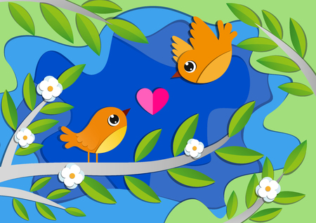 Birds in love on the blooming tree in spring. Paper art styleの写真素材