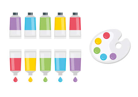 set of paints in tubes and palette on white backgroundのイラスト素材