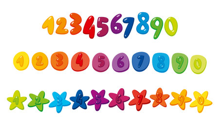 Colorful cartoon numbers and stars for kids, birthday card template. Vector illustration