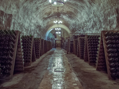 the tunnel in the mountain, kept a bottle of champagne, is prepared by traditional technology