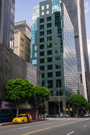 Los Angeles, USA - October 5, 2015: Traffic and buildings on the Street, in the Financial District,...