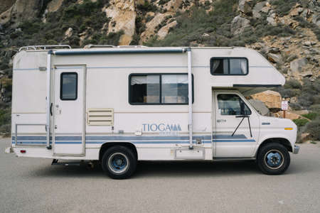 California, USA - September 28, 2015: Trailer Tioga Montara by Fleetwood standing in mountains of California.のeditorial素材